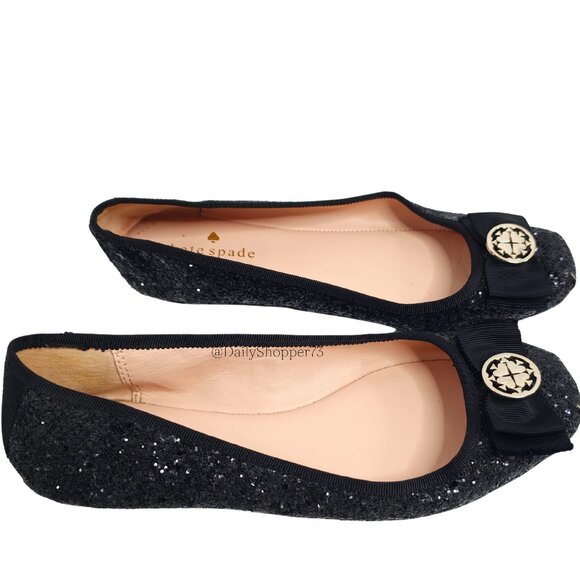 Kate Spade Womens Black Glitter Ballet Flat With Ribbon & Gold Toned Medallion - Picture 5 of 7